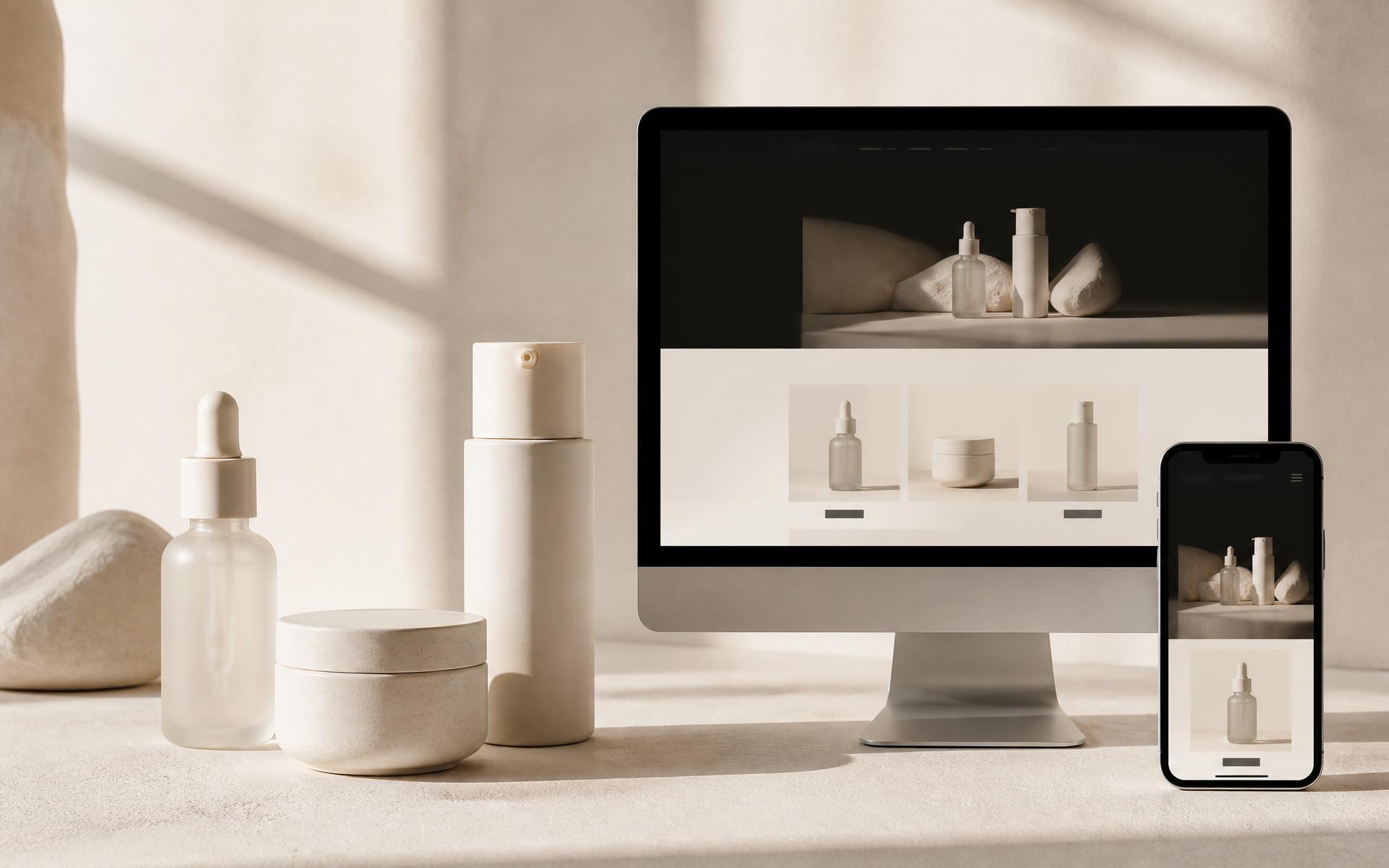 Conceptual ivory skincare packaging beside a desktop and mobile beauty ecommerce storefront presentation