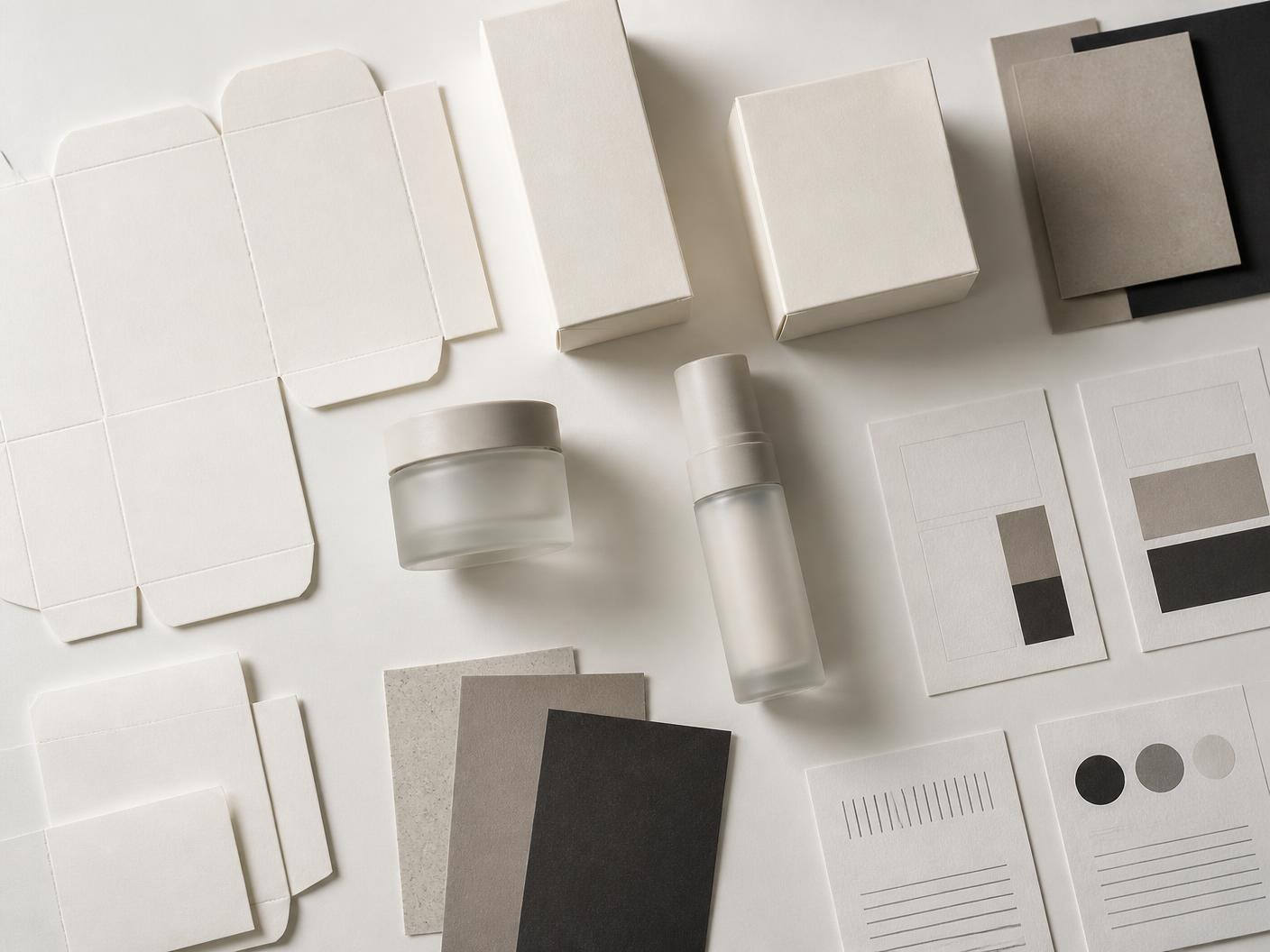 Flatlay of conceptual beauty packaging layouts, label sheets, and color direction cards